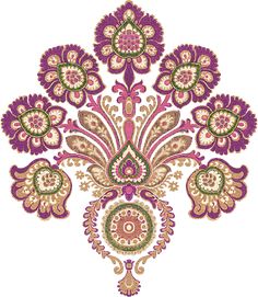 an ornate design in purple and green on white background, with lots of small flowers