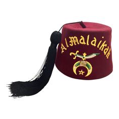 Al Malaikah, legion of Honor vintage fez hat from the Los Angeles Al Malaikah Shriner masonic lodge. This vintage Al Malaikah Shriner's fez in burgundy felt wool with gold embroidered, sword, moon, star and the Egyptian Masonic sign, with very long black tassel came from a member of the Los Angeles temple. Al Malaikah in Arabic means "the Angel", and the Shriners are a group of people who helps children and people in need for free. There are still many Shriner children hospitals in Los Angeles t Masonic Signs, Los Angeles Temple, Fez Hat, Legion Of Honor, Children Hospital, Masonic Lodge, Felt Wool, Group Of People, People In Need