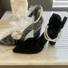 Black Velvet Heels With Pearl Ankle Strap! Brand New! Never Worn. Size Women’s 8. Wedding Twilight, Black Velvet Heels, Velvet Heels, Moody Wedding, Wedding Shoes, Black Velvet, Shoes Women Heels, Ankle Strap, Shoes Heels