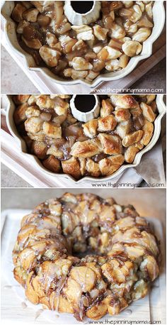 the bundt cake is ready to be baked in the oven, and then topped with caramel drizzle