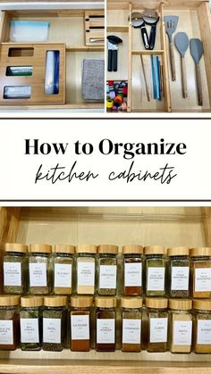 an organized kitchen cabinet with spices and utensils in the bottom, labeled how to organize kitchen cabinets