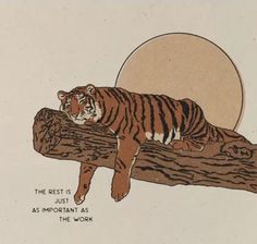 a drawing of a tiger resting on a tree branch with the sun in the background