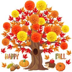 a happy fall tree with autumn leaves and pumpkins