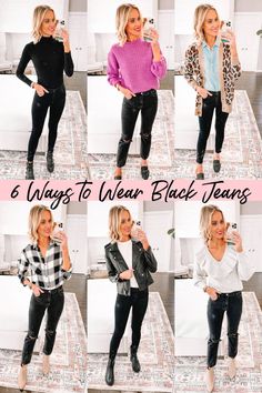 Do you love black jeans like me? Wondering how to style them? Read on for 6 ways to wear black jeans. You can easily recreate them all! Versatile Black Jeans For Fall, Black Jeans For Everyday Fall Wear, Everyday Black Jeans For Fall, Classic Washed Black Jeans For Fall, Casual Outfit Black Jeans, How To Wear Black Jeans, Stretch Black Jeans For Everyday, Black Jeans Outfit Winter Casual, What To Wear With Black Jeans