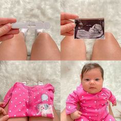 two pictures of a baby and an adult holding a photo in their lap, with the same image being taken