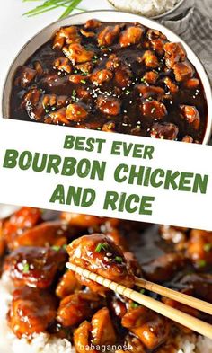 the best ever bourbon chicken and rice is served with chopsticks in front of it