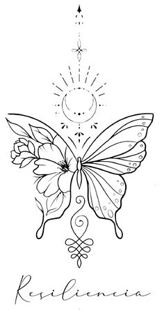 a black and white drawing of a butterfly with the words, keri giana on it