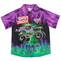 a purple and green shirt with an image of a monster truck on the front, lightning in the background