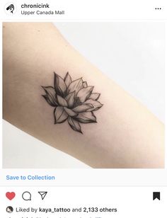 a black and white flower tattoo on the left arm, with text underneath it that reads chromick upper canada mall save to collection