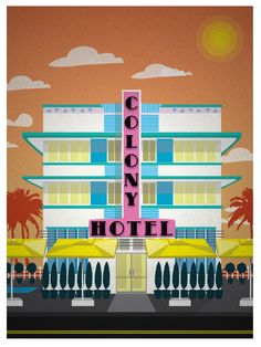 an illustration of a colorful hotel with palm trees in the foreground and clouds in the background