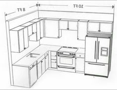 a drawing of a kitchen with an oven, refrigerator and sink in the middle of it