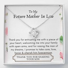 a mother's necklace in a gift box with the message to my future mother in law