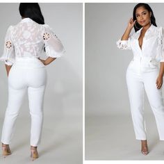 Two-Piece Set Non-Stretch Top Collar Long Sleeves Button Closure High Waisted Pants Semi-Stretch Zipper Clasp Closure 100% Polyester Hand Wash Cold Luxury White Pants For Semi-formal Occasions, White Chic Two-piece Pant Set, White Long Sleeve Semi-formal Pantsuit, Fitted White Two-piece Pants, Luxury White Semi-formal Pants, Floral Pantsuit, Silk Pant Suit, Blue Dress Pants, Black Slacks