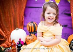 Stunning DIY Toddler Disney Halloween costume: The Yellow Belle Belle Costume Kids, Gown Costume, Disney With A Toddler, Belle Costume, Yellow Gown, Disney Halloween Costumes, Homemade Costumes, Diy Costume, Diy Toddler