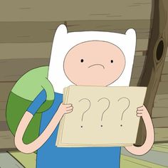 a cartoon character holding a paper with question marks on it in front of his face