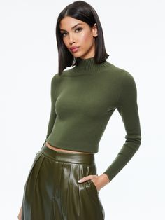 Senaida Cropped Mock Neck Pullover In Olive Knitted Sweaters For Women, Latest Designer Dresses, High Low Gown, Pleated Jumpsuit, Jeans Tops, Alice And Olivia, Pleated Maxi Dress, Jean Top, Leather Blazer