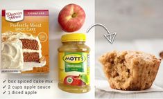 an apple and cinnamon muffin next to a package of nutty spice cake mix