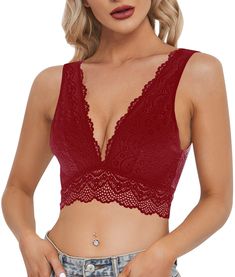 PRICES MAY VARY. Material: 89% polyamide + 11% Elastane. Using 90% Rayon lace mesh breathable elastic fabric, anti odor and anti sweat, so you will keep cool and relax in all day; Comfortable soft touch, more like your second layer of skin. Fashion Sexy lace bra design with translucent lace mesh and floral edge, always make your beauty back stand out. Deep V neck lace design, show your most attractive breast ditch and sexy clavicle. Unpadded Wireless Floral lace bra not only has a stylish look, Layers Of Skin, Crop Top Bra, Everyday Bra, Seamless Bra, Lace Design, Amazon Women, Lace Bralette, Lace Bra, Deep V Neck