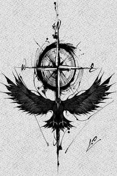 a black and white drawing of a cross with an eagle on it's wings