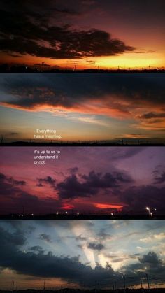 three different sunsets with the same sky and clouds above them, each showing different colors