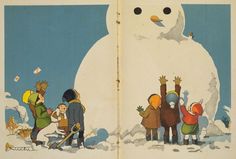 an open book with children standing in front of a snowman