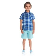 Boy's Blue Plaid Button Down Shirt. Blue Short Sleeve School Shirt, Casual Playtime Shirt With Buttons, Casual Buttoned Shirt For Playtime, Casual Shirt With Button Closure For Playtime, Casual Blue Shirt For School, Blue Short Sleeve Shirt For Playtime, Playful Collared Blue Tops, Casual Tops With Buttons For Playwear, Playful Blue Collared Top