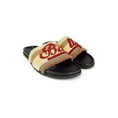 NEW WITH TAGS MSRP $525 Bally Logo Pool Men's 17170 Ginger 19 Cotton Slide Sandals 6226014007. Textural logo and stripes add interest to these platform slides with rubber sole. Size: US 7/EU 40 Designer Beach Slides With Cushioned Footbed, Designer Beach Slides With Branded Insole, Designer Slides With Branded Insole For Beach, Designer Flat Slides For Beach, Luxury Beach Slides With Rubber Sole, Mens Shoes Sandals, Platform Slides, Mens Sandals, Pool Slides