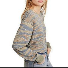 Free People, Camouflage Tiger Combo Long Sleeve T-Shirt. Various Sizes. New With $78.00 Tags. Fall Military Crew Neck Tops, Military Style Crew Neck Tops For Fall, Fall Camouflage Tops With Graphic Print, Military Style Long Sleeve Tops With Relaxed Fit, Fall Camouflage Cotton Tops, Casual Camouflage Fall Tops, Free People Tops, Camouflage, Free People