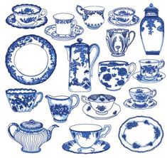 blue and white tea set with saucers, cups and plates on a white background