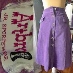 Lovely 60s to 70s era purple button down high waisted skirt by Artbro. The label is a stand alone feature on this little treasure. So psychedelic chic! The fabric is soft and feels like a cotton velvet. Cute silver tab buttons all the way down for easy dressing/ undressing. Overall excellent vintage condition with no noticeable flaws. Freshly laundered and ready to wear. Measurements // Waist: 24/25 inches Length: 25 inches Hips: about 36 inches No refunds, returns, or cancellations Lilli Ann Coat, Fall Skirt, Small Skirt, Denim Skirt Outfits, Skirt Purple, Button Up Skirts, 70s Era, Yellow Handbag, Purple Skirt