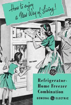 an advertisement for refrigerator freezer combination with two girls looking in the refrigerator and one girl reaching into the fridge