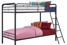 a bunk bed with pink sheets and pillows on top of it, next to a pillow