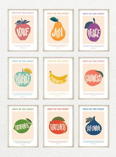 six posters with different fruits and vegetables on them, each featuring the words fruit of the spirit