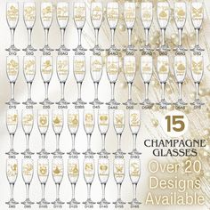 champagne glasses are shown in gold and white with the number 15 on each one side