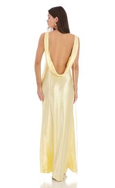 Satin Cowl Neck Maxi Dress in Yellow | LUCY IN THE SKY Yellow Sequin Dress, Prom Dresses Flowy, Yellow Satin Dress, Yellow Formal Dress, Light Yellow Dresses, Cowl Back Dress, Satin Ruffle Dress, Silk Yellow Dress, Yellow Long Dress