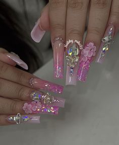 Glitter Nail Ideas, Clear Glitter Nails, Birthday Nail Designs, Quinceanera Nails, Plain Nails, Long Acrylic Nail Designs, Girly Acrylic Nails, Really Cute Nails, Unique Acrylic Nails