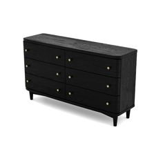 a black dresser with gold knobs on the top and bottom drawers, against a white background