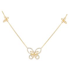 Sweet and sophisticated, this 14K yellow gold necklace is endlessly charming. A trio of butterfly pendants including a central pendant measuring 0.65 long by 0.75 wide adorn the delicate 15 chain, while diamonds with a total weight of 1.0 carats allow it to sparkle and shine every time it catches the light.This jewelry piece is offered in brand new condition and includes a gift box. Luxury Yellow Gold Butterfly Necklace Dainty, Fine Jewelry Diamond Butterfly Necklace In Yellow Gold, Fine Jewelry Yellow Gold Butterfly Necklace, Yellow Gold Diamond Necklace With Butterfly Charm, Yellow Gold Butterfly Pendant Necklace, 14k Yellow Gold Necklace, Butterfly Necklace, Butterfly Pendant, Jewelry Pieces