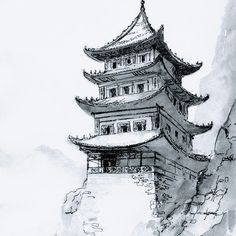 a black and white drawing of a building on top of a mountain