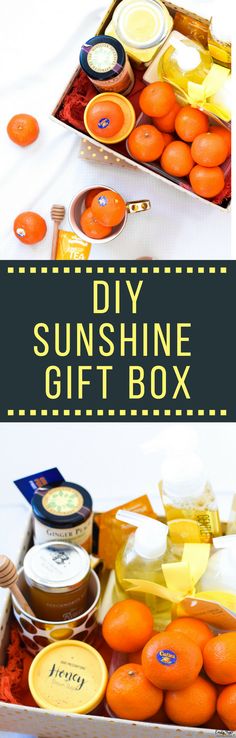 an orange box filled with lots of different types of food and the words diy sunshine gift box