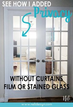 Find out how I added privacy to these 2 clear glass french doors. It involves no curtains, film or stained glass. It's budget-friendly and cost less than $20! See the full tutorial for this home decor project. #100RoomChallenge #frenchdoors #masterbedroommakeover #cricutHomeDecor #CricutDIY French Door To Bedroom, Entry Door Curtain Ideas, French Door Interior Ideas, Farmhouse French Doors Curtains, Entry Door Window Covering, French Door Treatments, French Doors To Bathroom, Glass Indoor Doors, Glass Door Coverings Ideas