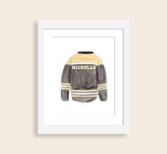 a watercolor painting of a hockey jersey with the name nicholas written on it in gold and black