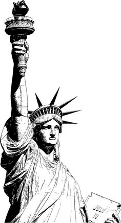 the statue of liberty is shown in this black and white drawing, which includes an inking technique