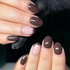 Gel Nails Brown, Brown Nails Almond, Biab Gel Nails, Ribbon Nails, Bow Nails, Brown Nails Design