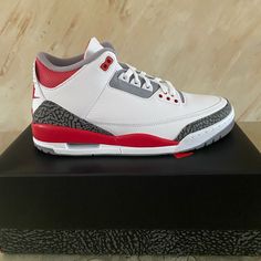 Originally Released In 1988 As One Of The Original Four Releases Of The Air Jordan 3 That Also Included The “White Cement”, “Black Cement” And “True Blue” Colorways. The Air Jordan 3 “Fire Red” Retro’d Back In 2007 And 2013, Both Featuring The Jumpman Logo On The Heels. For 2022, The “Fire Red” Jordan 3s Will Finally Be Released In Og Form Featuring The Grey-On-Black Elephant Print And Og Nike Air On The Heels Color: Red/White Style: Dn3707-160 Air Jordan 3 Fire Red, Jordan 3s, Black Elephant, Red Jordans, White Cement, Jumpman Logo, Jordan Red, Black Cement, Red Retro