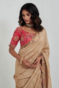 Shop for Rishi and Soujit Beige Tussar Embroidered Saree With Blouse for Women Online at Aza Fashions Beige Saree, Raw Silk Embroidery, Zardozi Embroidery, Embroidered Saree, Embroidered Neckline, Thread Embroidery, Silk Embroidery, Saree With Blouse, Blouse Online