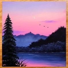 a painting of a sunset over a lake