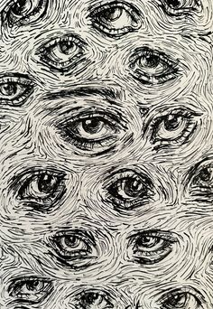 an image of many different types of eyeballs in black and white ink on paper