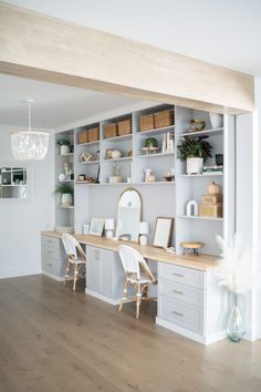 a room that has some shelves and chairs in it, with white furniture on the walls