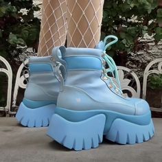 Description You're One Of A Kind, And No One Understands. But Those Cry Baby Tears, Keep Coming Back Again... If You're A Melanie Fan Whose Style Ranges From Cute And Casual, To Kawaii Level 100 - The Melanie Martinez X Koi Crybaby Blue Vilun Platform Boots Might Just Be The Style For You. Featuring Contrasting Blue Paneling With A Pearlescent Shimmer, And Elevated With Gold Eyelets And Baby Blue Laces, This Boot Is The Perfect Combination Of Subtle And Special. Behind The Design The Crybaby Blu Harajuku Shoes Boots, Blue Kidcore Outfit, Melanie Martinez Koi Shoes, Blue Boots Aesthetic, Blue Shoes Aesthetic, Melanie Martinez Shoes, Pink And Blue Outfits, Melanie Martinez Merch, Melanie Martinez Concert